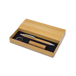 Bambusowy długopis i latarka w pudełku Pelak beżowy - R02319 (gadzety reklamowe)