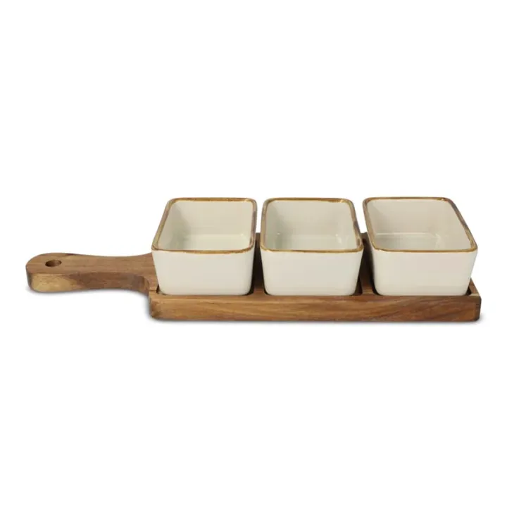 InSideOut Drewniana deska do serwowania z 3 ceramicznymi miskami - LT57207 (N0054)