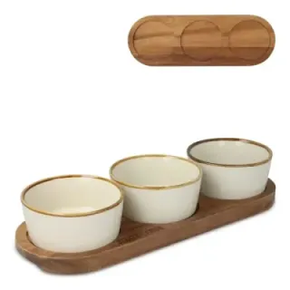 InSideOut Drewniany stojak z 3 ceramicznymi okrągłymi miskami - LT57208 (gadzety reklamowe)