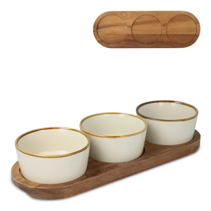 InSideOut Drewniany stojak z 3 ceramicznymi okrągłymi miskami - LT57208 (gadzety reklamowe)