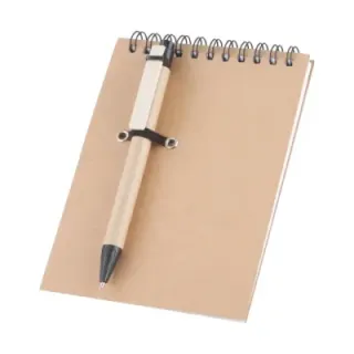 Notes reklamowy spiralny z papieru z recyklingu z 60 kartkami w linie z długopisem