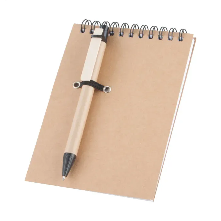 Notes reklamowy spiralny z papieru z recyklingu z 60 kartkami w linie z długopisem