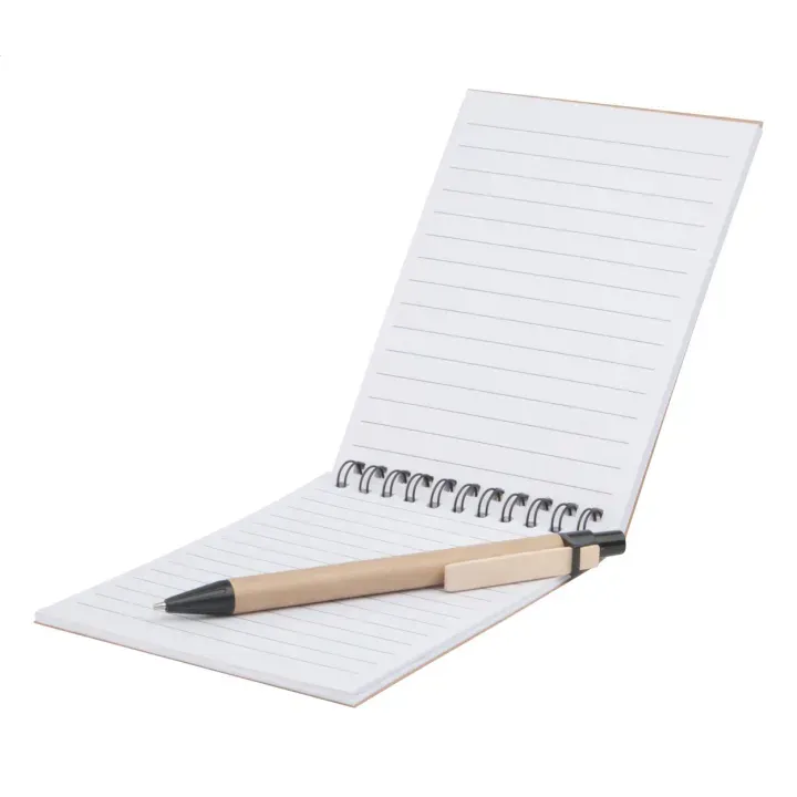 Notes reklamowy spiralny z papieru z recyklingu z 60 kartkami w linie z długopisem