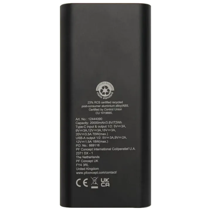 Powerbank do laptopa o pojemności 20 000 mAh i mocy 70 W z aluminium z recyklingu - PC 12444090