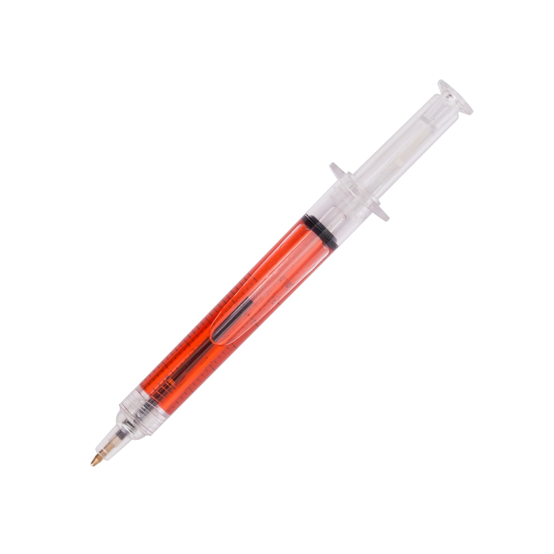 Długopis w kształcie strzykawki wypełnionej kolorowym płynem - R73429