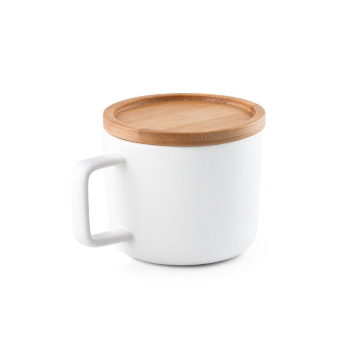 Kubek ceramiczny z bambusową podstawą i pokrywką 250 ml - ST 94251